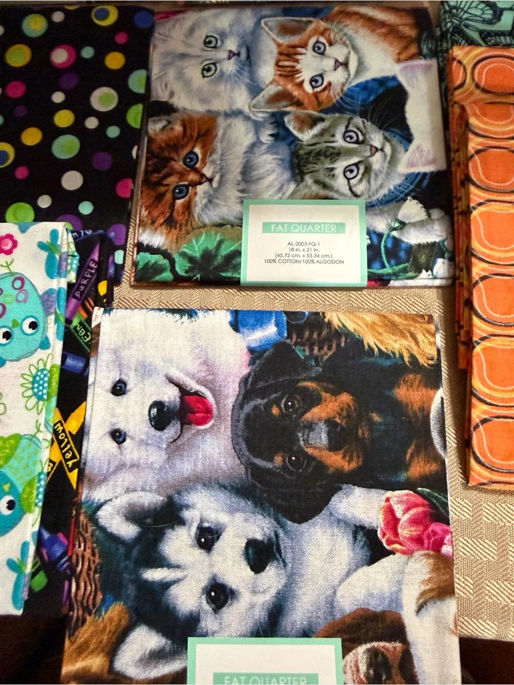 Colorful Fat Quarter Fabric Bundle - Owls, Cacti, Orange Geometric